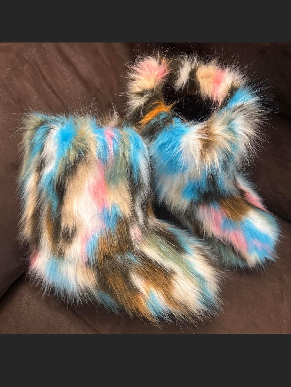Colorful Faux Fur Cozy Slippers - Blue, Pink & Brown Accents
